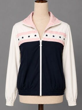 Vintage car coat- pink, navy, white, embroidered stars. American flag, 8P